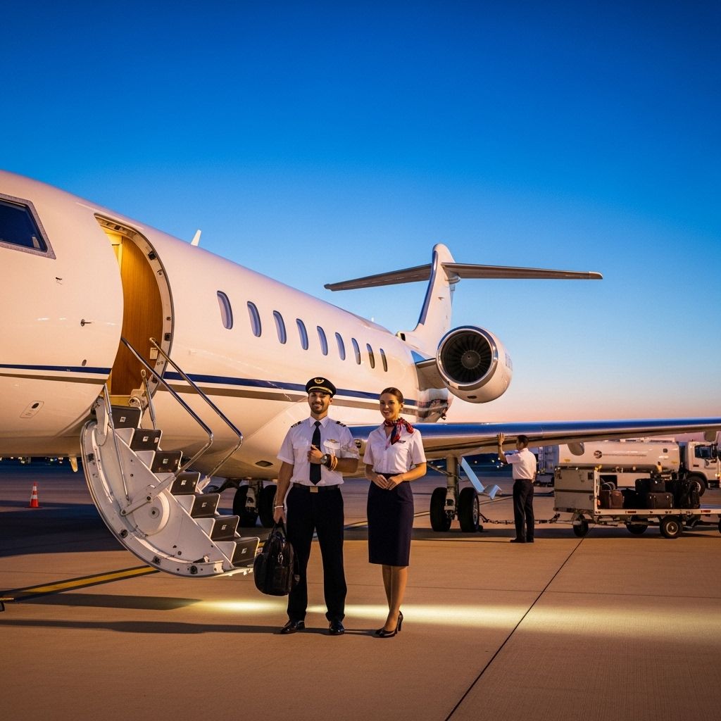 Частный самолёт Boeing Business Jet на взлётно-посадочной полосе аэропорта Монако, экипаж в белых рубашках стоит у трапа, голубое небо