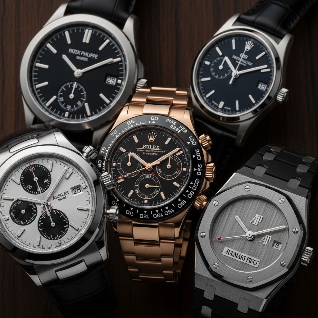 Коллекция швейцарских часов премиум-класса на фоне тёмного дерева: Patek Philippe, Rolex Daytona и Audemars Piguet, крупный план циферблатов с блеском металла