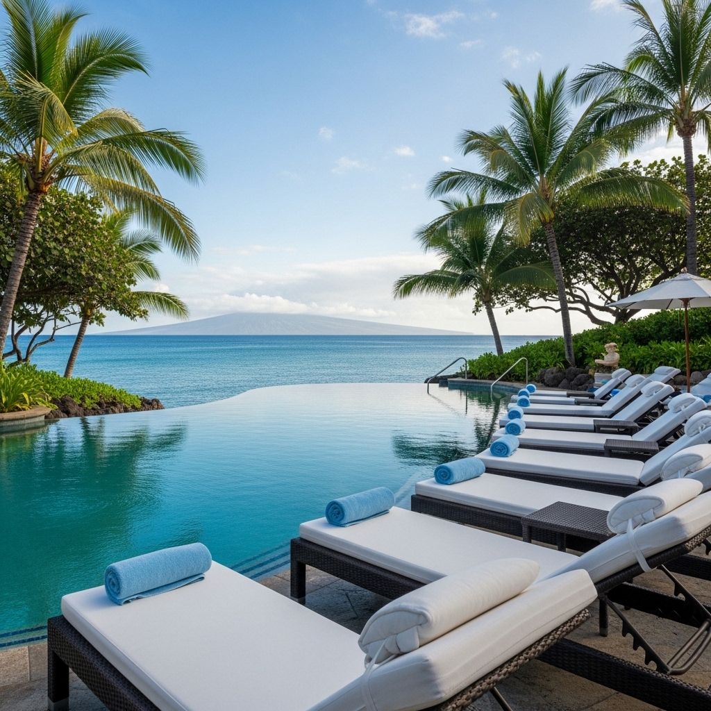 Спа-зона пятизвёздочного курорта на Гавайях: открытый бассейн с видом на океан, шезлонги из тика, белые льняные полотенца, расслабленная атмосфера