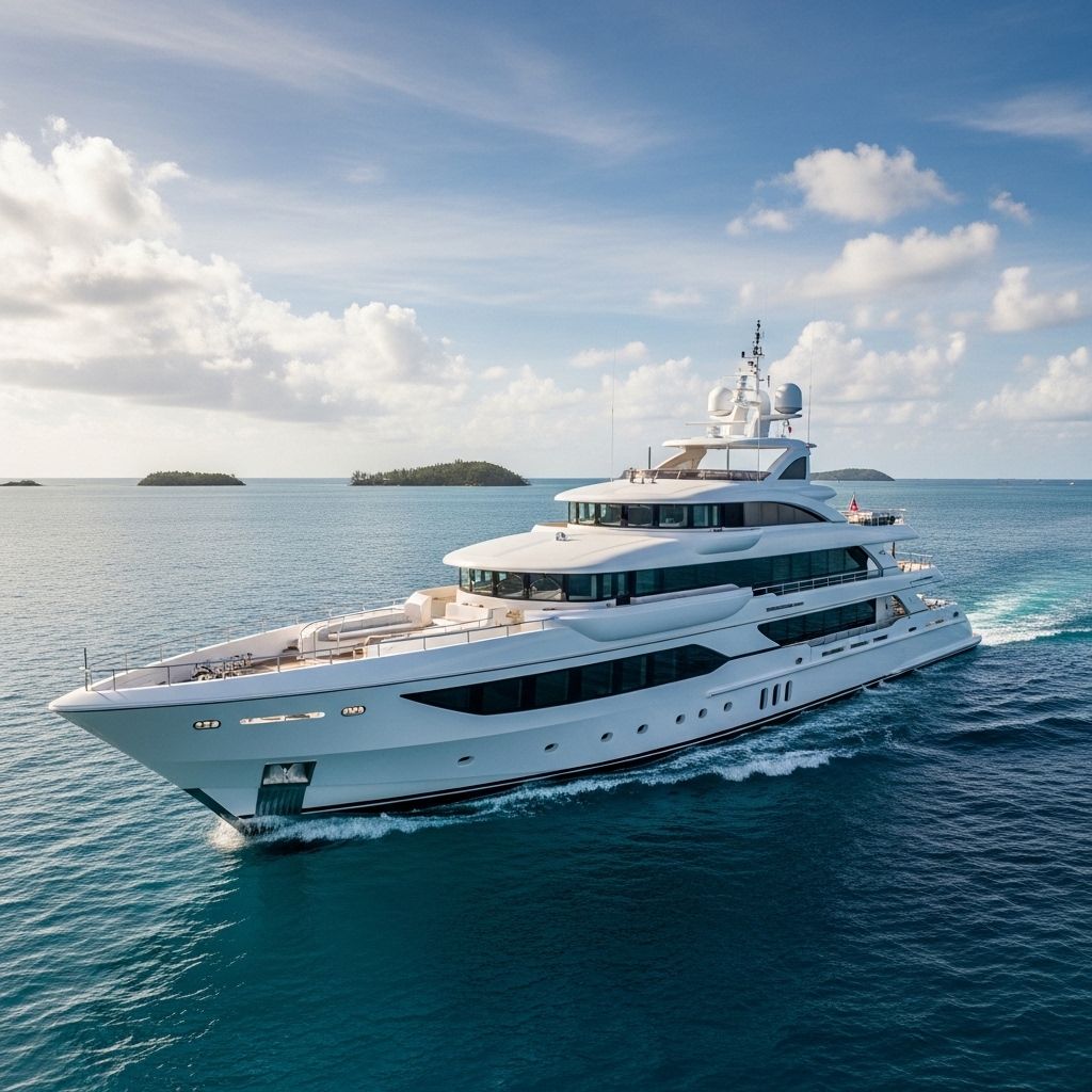 Белая суперяхта длиной 60 метров в открытом море на фоне заката, флаг США на корме, роскошная верхняя палуба с джакузи