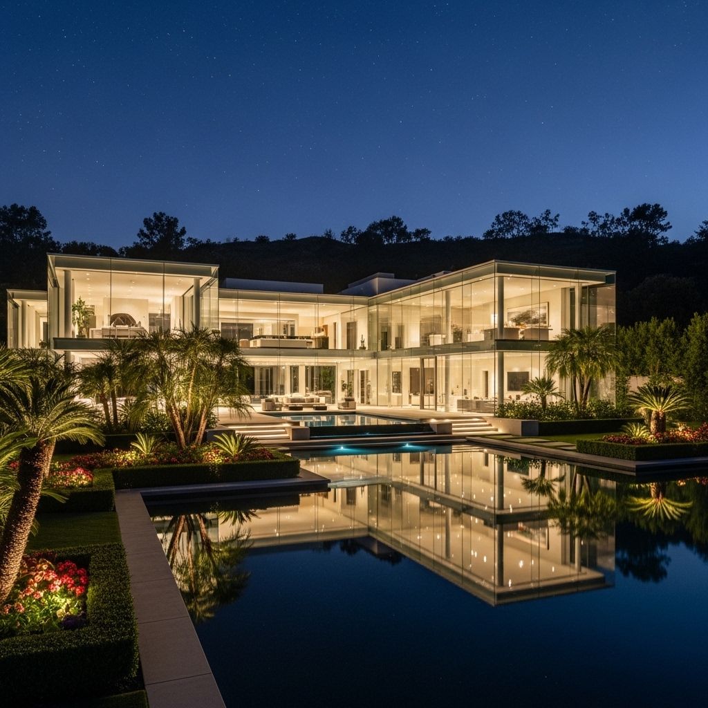 Архитектурный вид современного стеклянного особняка в Беверли-Хиллз ночью, подсветка фасада, ухоженный ландшафтный дизайн, горы на заднем плане