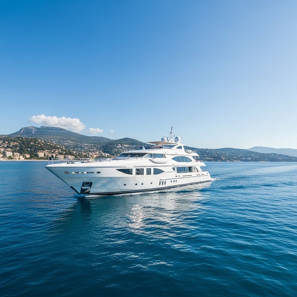 Роскошная яхта 40 метров на якоре в кристально-синих водах Карибского моря, лагуна с тропическими островами на горизонте, безоблачное небо